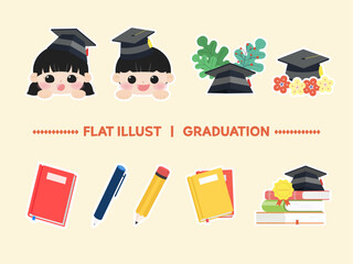 Education, graduation illustration. Children wearing graduation caps and mortarboards, various education related illustration set design. Vector illustration.