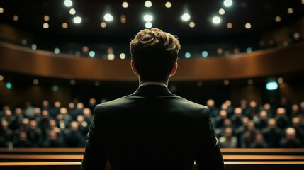 Fototapeta premium Professional speaker addressing audience at business conference, upper body rear view with studio lighting and blurred crowd