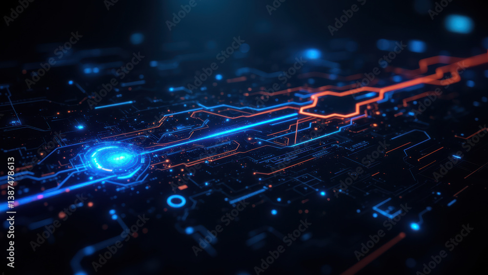 Poster a digital illustration representing a complex network with various nodes and connections, symbolizin