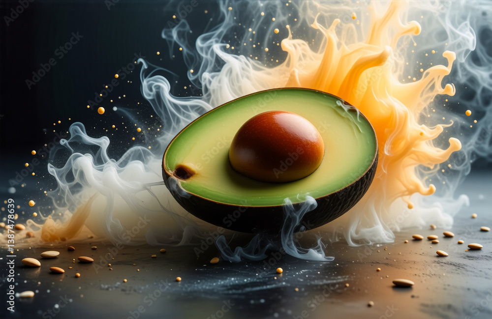 Aufkleber A fresh avocado half with a pit is presented against a backdrop of swirling smoke and a vibrant splash, creating a visually striking and appetizing food image.