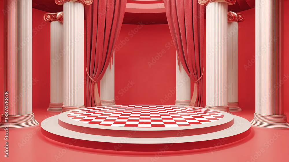 Poster a red and white checkered stage with columns and red curtains in a studio setting backdrop art
