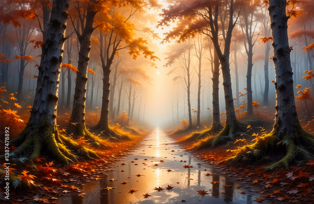 Poster a serene autumn forest scene with a pathway leading through tall trees. warm golden light filters th