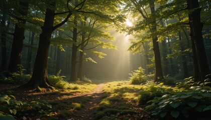 Obraz premium Sunlit Forest Glade Serene Nature Photography