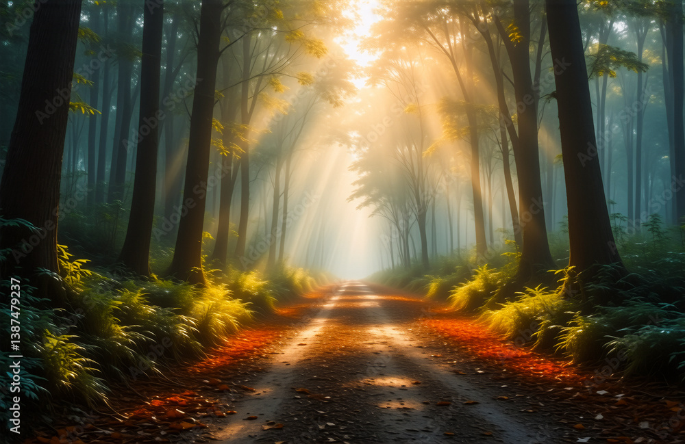 Poster sunlight streams through tall trees, illuminating a path in a lush forest. a tranquil and scenic vie