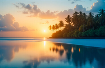 Obraz premium Warm sunset paints the sky with orange and blue hues, reflecting on the tranquil ocean. Palm trees silhouette the coastline of a peaceful tropical beach.