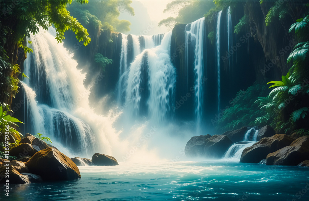 Poster majestic waterfall tumbles over mossy rocks into a clear pool, surrounded by vibrant green foliage i