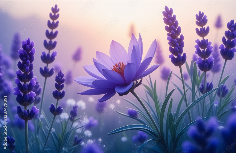 Poster a field of lavender and a prominent lotus flower are bathed in soft light, creating a peaceful and d