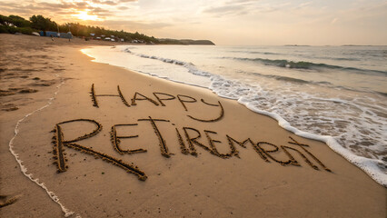 Calm seaside evening with heartfelt retirement message in sand and waves softly washing ashore