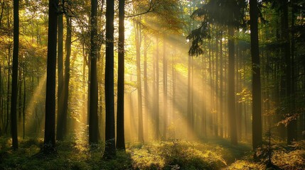 Fototapeta premium Sunbeams Dance Through Mystical Forest