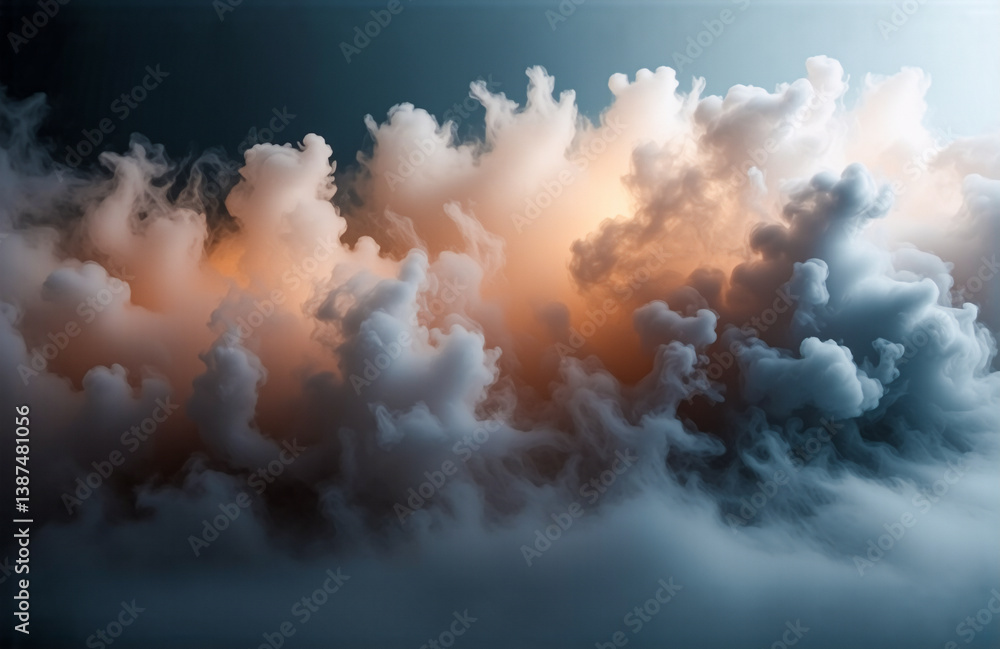 Aufkleber Dramatic cloudscape with orange and blue hues. Fluffy clouds are illuminated from behind, creating a stunning and dynamic atmosphere.