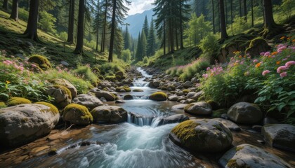 Fototapeta premium Serene Mountain Stream Flowing Through Lush Forest with Wildflowers