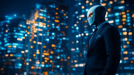 Cyborg Businessman Night Cityscape.