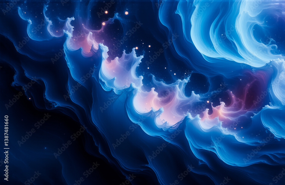 Poster abstract blue and purple clouds swirl against a dark backdrop, creating a dreamy and ethereal scene.