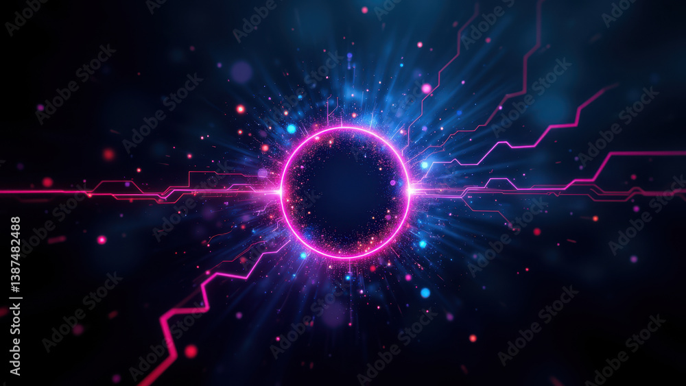 Poster futuristic cybernetic representation with glowing circular element surrounded by colorful digital ef