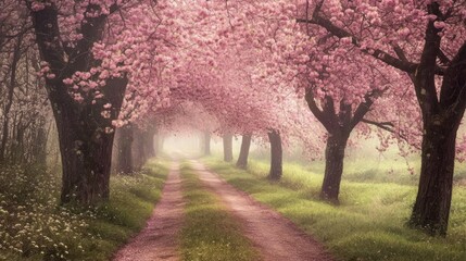 Naklejka premium Enchanted Pink Blossom Pathway: A Dreamlike Spring Landscape