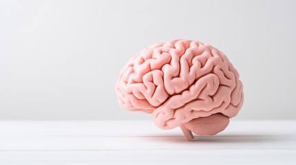 Pink Brain Model on Table Minimalist Style High-Resolution Soft Lighting Side Profile View Smooth Texture Neurological Study White Background Soft Pink Hues Medical Education