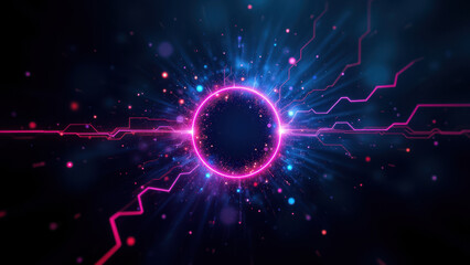 Obraz premium Futuristic cybernetic representation with glowing circular element surrounded by colorful digital effects symbolizing cybersecurity protection.
