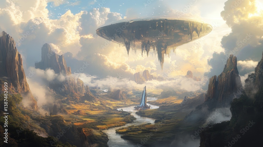 Poster giant floating arrow hovering over a fantasy landscape, guiding the way to a hidden treasure