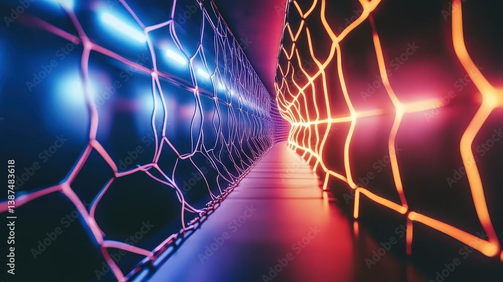Poster a glowing 3d geometric tunnel with shifting neon lights creating a mesmerizing perspective