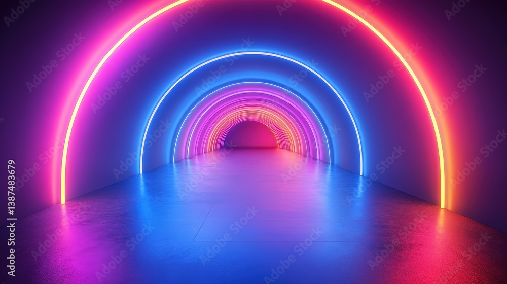 Poster a glowing 3d geometric tunnel with shifting neon lights creating a mesmerizing perspective