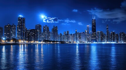 Obraz premium Chicago Skyline Night View: A Majestic Urban Panorama