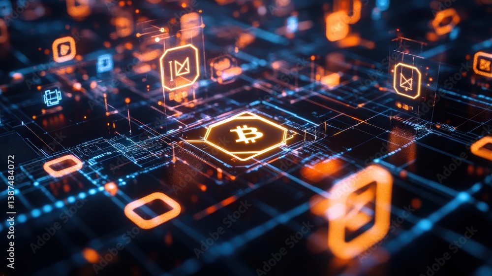 Poster a futuristic digital currency concept with glowing blockchain symbols and floating virtual coins
