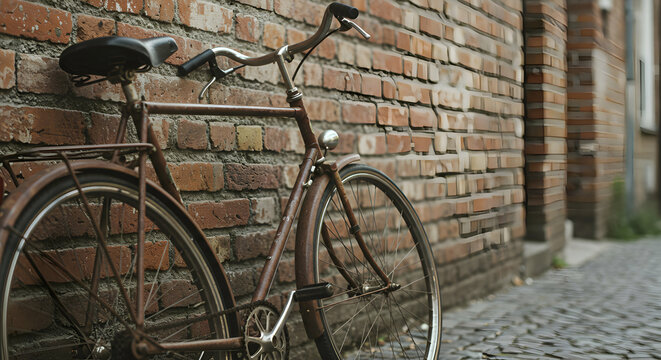 Rusty Vintage Bicycle Leaning Against Brick Wall