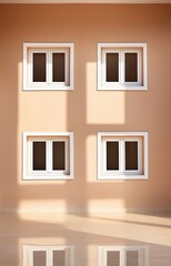 Modern east style building with beige walls, windows and sunlight shadows. 