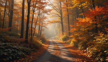 Fototapeta premium Serene Autumn Forest Path Golden Light, Vibrant Foliage, Misty Morning