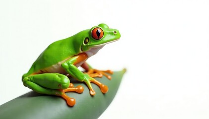 Obraz premium Green tree frog perched on white, vibrant colors, isolated, amphibian, background