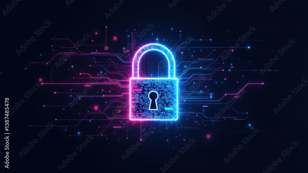 Poster cybersecurity concept with digital lock on vibrant grid background.