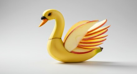 Obraz premium Creative fruit art displays a banana crafted into a swan with apple wings on a plain background