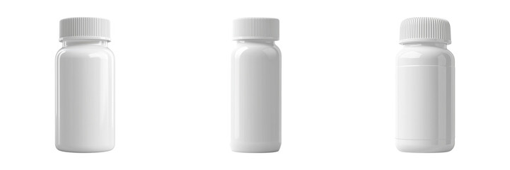 Empty white plastic bottles in various angles, ideal for packaging design