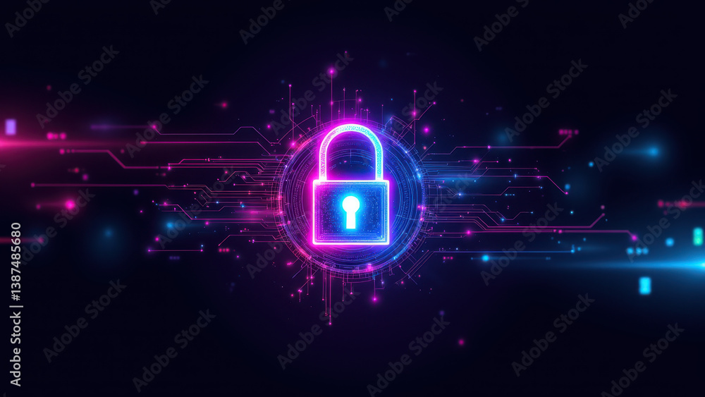 Poster cybersecurity and internet protection symbol with a lock and digital circuitry theme.