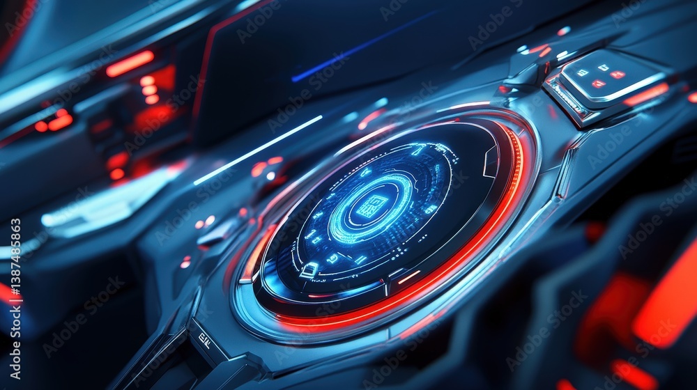 Poster a futuristic interface with a 3d touch-sensitive technology button, seamlessly integrated into a dig