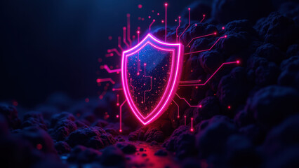 Fototapeta premium Shield emblem glowing with purple cybernetic energy.