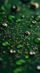 Obraz premium Close-up of a circuit board covered in water droplets. Detailed view of traces, components, and liquid