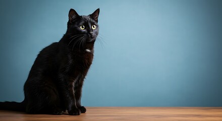 Sitting Black Cat Looking Right with Yellow Eyes on Wood Table
