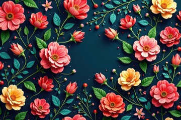 Intricate, flowing floral design, continuous pattern , background, dark, colorful