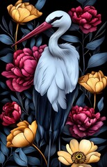 Fototapeta premium Beautifully illustrated stork stands gracefully among vibrant, blooming flowers with a dark background, 