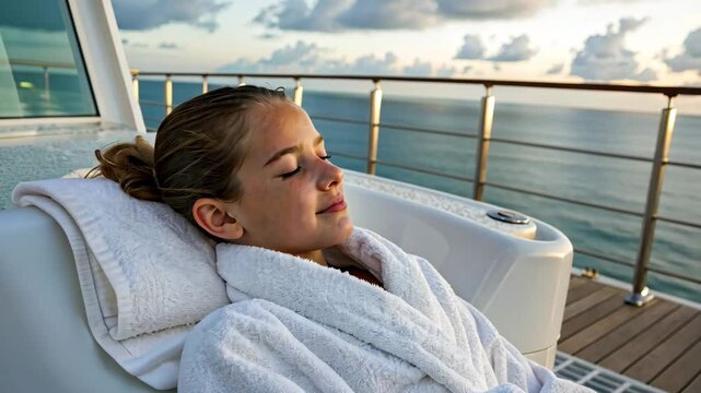 Relaxing Woman Enjoying Serenity on a Cruise Ship Deck with Ocean View and Peaceful Atmosphere