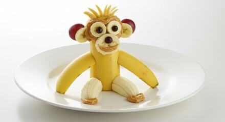 Creative fruit sculpture made from bananas and other fruits designed like a playful monkey figure on a white plate