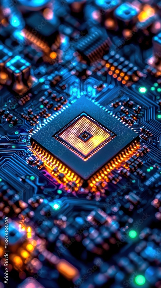 Poster close-up of a computer processor on a circuit board, showcasing intricate details and vibrant lighti