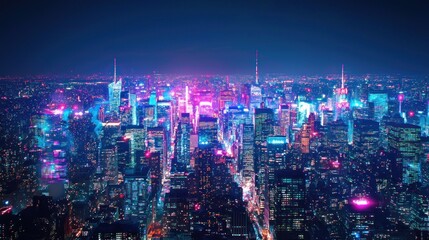 Obraz premium Neon Nightscape: Aerial View of Manhattan's Dazzling Skyline
