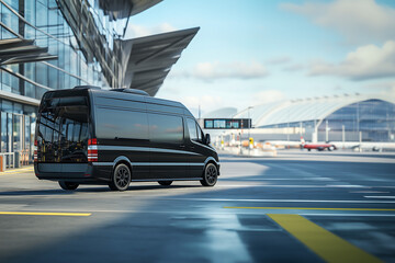 Black private transport van outside an airport. Copy space