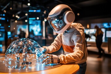 Humanoid robot guide engaging visitors at a museum robotics display high-tech environment interactive viewpoint educational concept