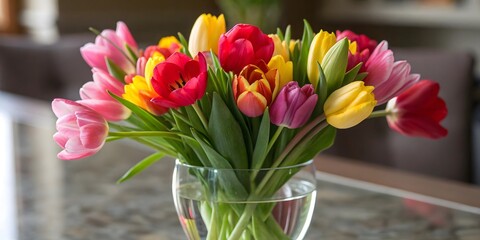 Bouquet of Colorful Flowers in a Water Glass