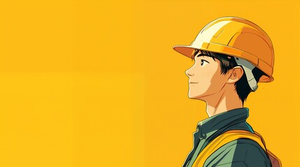 Side profile illustration of a calm anime man wearing a yellow safety helmet against a yellow background, concept for construction, engineering, and safety campaign