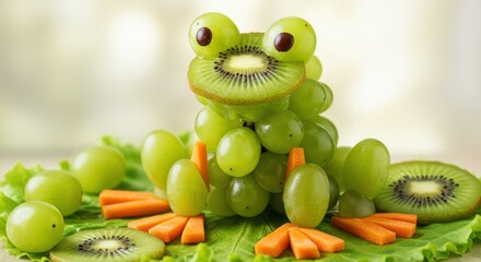 Creative fruit display of a frog made from grapes, kiwi, and carrots on a bed of lettuce in a bright setting