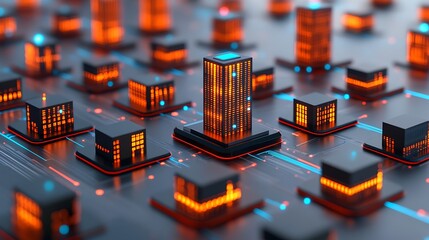 Futuristic digital cityscape. Abstract servers & glowing data structures. Data flow visualized